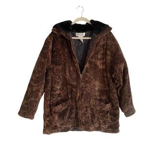 Vintage 90s Jones New York Mobwife Cheetah Print Faux Fur Zip Up Coat Sz Medium